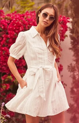 ✨Delightful Moments White Striped Puff Sleeve Button-Up Dress Lulus✨ thumbnail 1