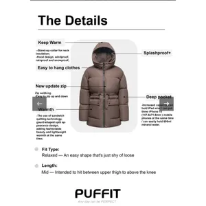 Puffit‎ Women's Small Hooded Mid Length Puffer Jacket Splashproof Modern Taupe thumbnail 3