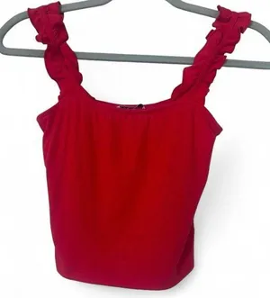 Amazon CLOZOZ Women’s Red Ribbed Crop Tank Top – Size Small, Ruffle Strap & Square Neck thumbnail 1