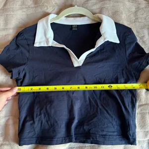 SheIn Navy Blue & White Cropped Cotton Polo T-Shirt thumbnail 6