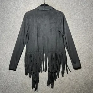 Rock & Republic Black Faux Suede Fringe Open Front Cardigan Jacket XS Waterfall thumbnail 6