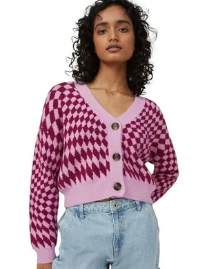 Cotton On Knit Cardigan Fluffy Optical Splice Berry Sz Small Checkered thumbnail 1