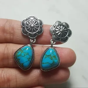 Vintage women silver plated Turquoise Dangle Drop Hoop Earrings thumbnail 2