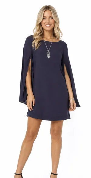 Free People Some Like It Hot Cape Dress Navy Split Sleeve Boho Size Small Shift thumbnail 1