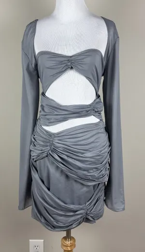 House‎ of CB Mini Dress Womens L+ 10/12 Camille Grey Silk Cutout Ruched Sexy thumbnail 1