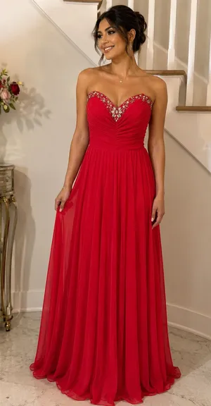 ElisaBella Strapless Red Evening Gown with Embellished Sweetheart Neckline thumbnail 1
