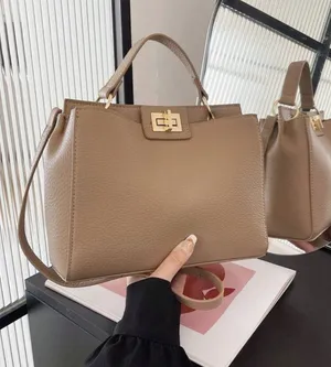 Twist lock Taupe tan Top-Handle Satchel Bag with crossbody faux leather thumbnail 1