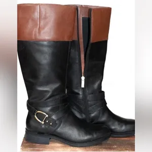 Bandolino Two-Tone Leather Riding Boots Black Brown Gold Buckle Size 6 thumbnail 7