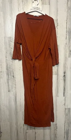 Zara Rust Orange Tie Front Maxi Dress Size M | V Neck 3/4 Sleeve Stretch thumbnail 1