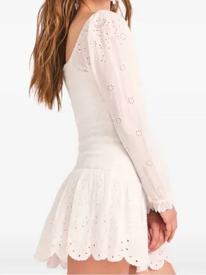 EUC LoveShackFancy Jayce Smocked Eyelet Scalloped Hem Mini Dress White Large thumbnail 3