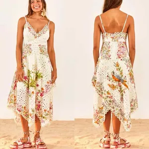 FARM RIO Delicate Forest Scarves Midi Dress Eyelet Lace Asymmetric Size XS thumbnail 10