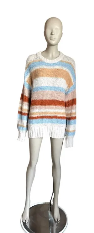 American Eagle Tan, White and Blue Striped Sweater thumbnail 1