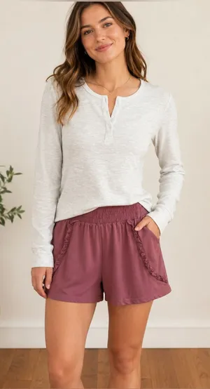 Gray Waffle Knit Henley Top & INDERO Mauve Ruffle Shorts Set L Cozy Loungewear thumbnail 1