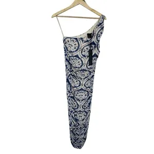 NWT House of Harlow 1960 Damask One Shoulder Midi Dress Blue Cream Ruched Size S thumbnail 2