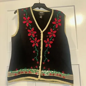 Women’s ugly Christmas sweater vest Embroidered Beaded Poinsettias Large thumbnail 1