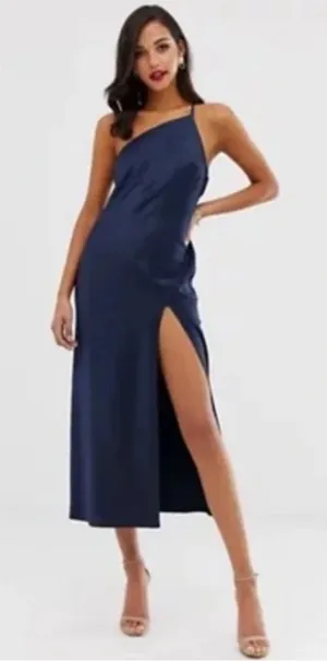 ASOS Navy One Shoulder Satin Midi Dress Side Slit Drape Back Elegant Evening 4 thumbnail 1