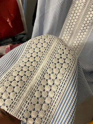 London Times Blue & White Striped Seersucker Dress with Crochet Panel thumbnail 5
