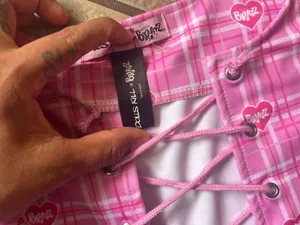 Dolls Kill Pink Plaid Lace-Up Crop Top with Bratz Heart Print thumbnail 6