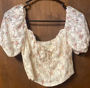 Altar'd State Cream and Pink Floral Puff Sleeve Blouse thumbnail 1
