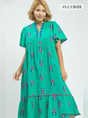 New! Umgee Cotton Emerald Green Embroidered Tiered Midi Dress Size 2X thumbnail 1