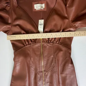 NWT By Anthropologie Vegan Leather Puff Sleeve Zip Front Midi Dress Size 2 Brown thumbnail 10