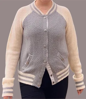 Gray & cream varsity cardigan. thumbnail 1