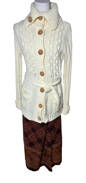 Vintage Belted Cable Knit Portrait Collar Cardigan Cream Korea M Medium thumbnail 1