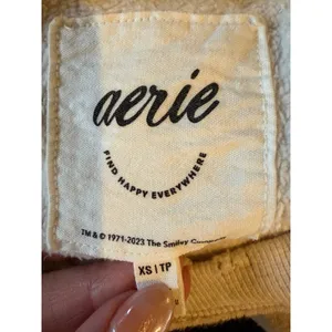 Aerie The Chill Cozy‎ Crew Sweatshirt Women XS Cream Smiley Face Distressed thumbnail 9