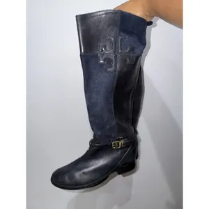 Tory Burch Lizzie Women's 7.5 Leather Knee High Riding Boot Zip Buckle Blue READ thumbnail 2