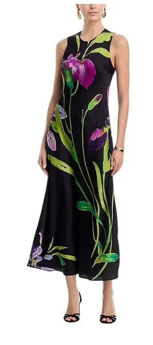 NWT Aqua Floral Satin Midi Dress STD14890BL black Multi M thumbnail 1