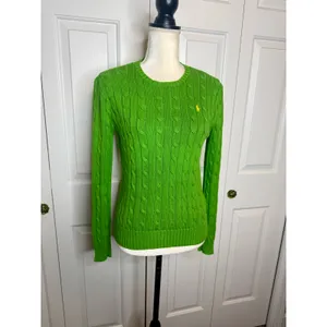 POLO RALPH LAUREN Women's S Crew Neck Cable Knit Cotton Sweater Lime Green Flaw thumbnail 4