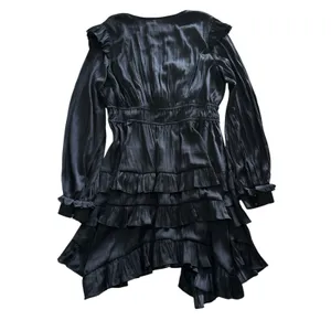 By Anthropologie Tiered Ruffled Mini Dress‎ Small Black Satin Long Sleeve thumbnail 8