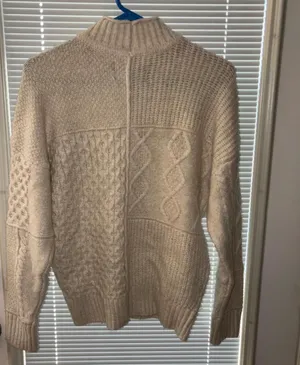 American Eagle Patchwork Cable Knit Ribbed Mock Pullover Sweater in cream- XS petite cream, patchwork, cable knit, ribbed, mock neck, cozy, textured, oversized, retro, casual thumbnail 2
