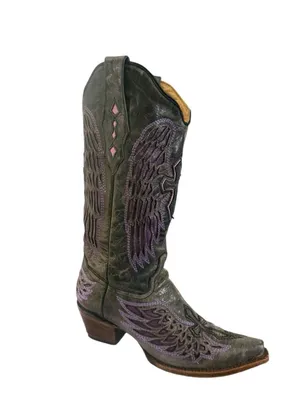 Corral Boots Women's Distressed Black Winged Cross Purple Inlay Boots Size 9 thumbnail 5