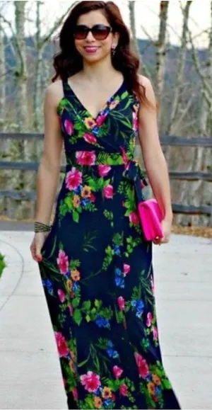 Floral Navy Wrap Maxi Dress Size Small thumbnail 1