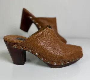 Salpy Womens 9 Brown Leather Studded Wood Platform Clogs Mules Boho Y2K Retro thumbnail 1
