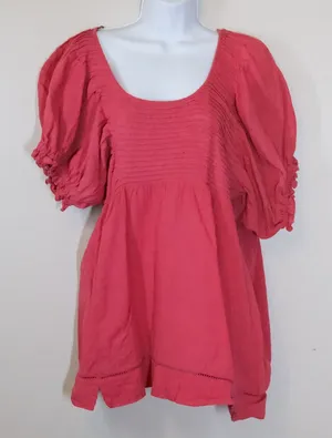 Free People Elsie Puff Sleeve Cotton Linen Blend Tunic‎ Top Women XS Pink Boho thumbnail 1