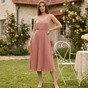 Women's Pink Pleated Sleeveless Midi Dress Size Medium thumbnail 14