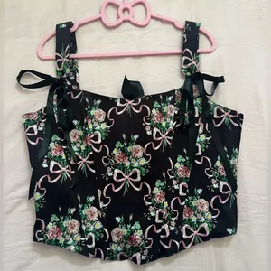 Dolls Kill Widow Floral Black and Pink Bow Corset Top thumbnail 1