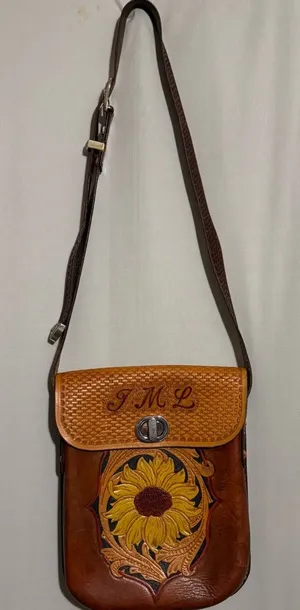 Women's Brown Hand-tooled Leather Crossbody Bag with Sunflower design monogram thumbnail 1