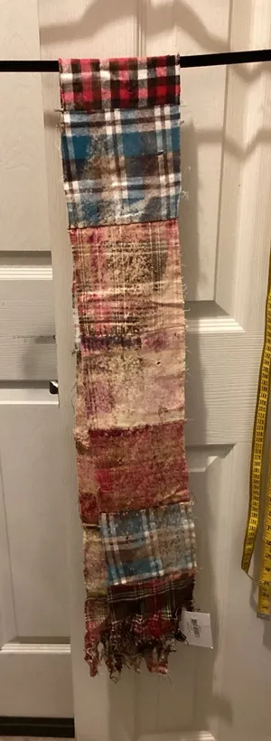 Plaid Patchwork Fringe Scarf in Red, Blue & Brown Red thumbnail 1