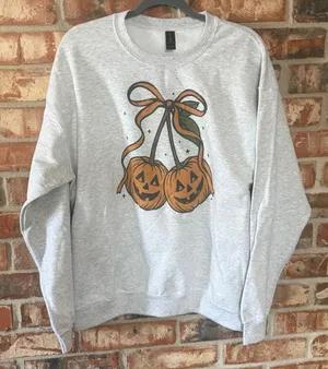 Gildan Ash Gray Crewneck Sweatshirt with Pumpkin Graphic thumbnail 1