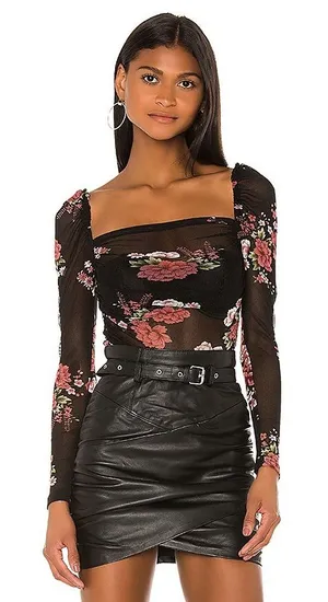 Superdown Revolve Women’s Scarlett Puff Sleeve Floral Mesh Top Black/Pink M thumbnail 1