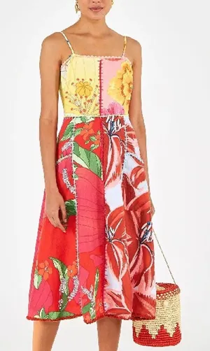 NWT Farm Rio Mixed Garden Dress Floral‎ Patch Linen Midi thumbnail 1