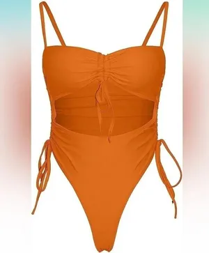 Haloon Womens Ruched Spaghetti Strap Cutout High Leg One Piece Swimsuit Swimwear thumbnail 2