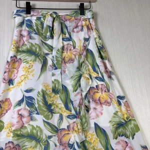 Tropical Floral Ruffle High Low‎ Maxi Skirt White Pink Green Hibiscus Wrap Style thumbnail 4