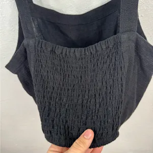 Madewell Tank Top Womens Size L Black Cropped Square Neck Smocked Back Linen thumbnail 4