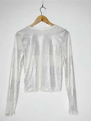 Pilcro Anthropologie Andie Silver Shimmer Ribbed Cardigan Sweater Size M thumbnail 8