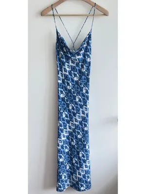 Zara Blue White Printed Cowl Neck Strappy Back Midi Slip Dress Size S thumbnail 10