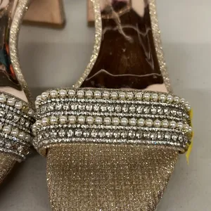 Badgley Mischka Sz 8 open toe heels wedding bridal prom gold silver rhinestone thumbnail 3